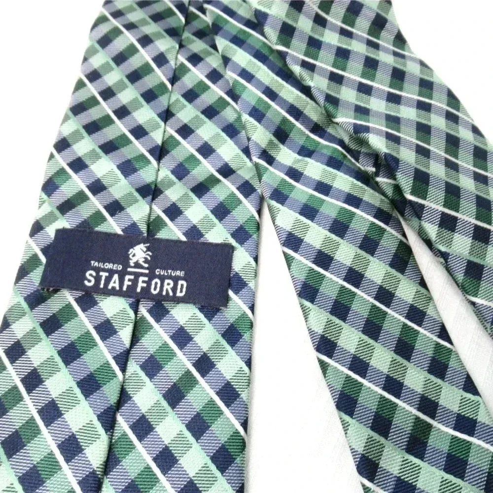 STAFFORD Tailored Cultured Men's Tie Green Blue White Diagonal Plaid Checks